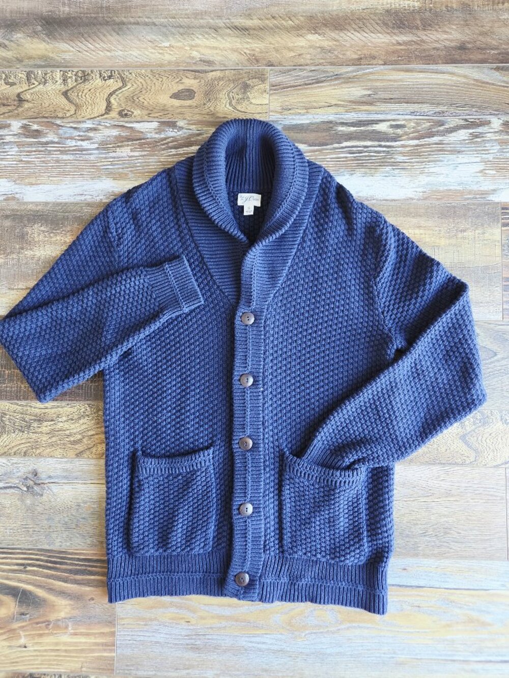 J.Crew Checker-Stitch Cotton Shawl Cardigan Button Pocket Navy #BI890